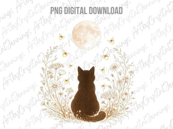 Download Celestial Mystic Cat &amp; Moon Floral PNG - Floral png Collection