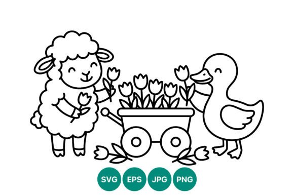 Download Cute Sheep and Duck Flower Cart Vector - Premium Resources